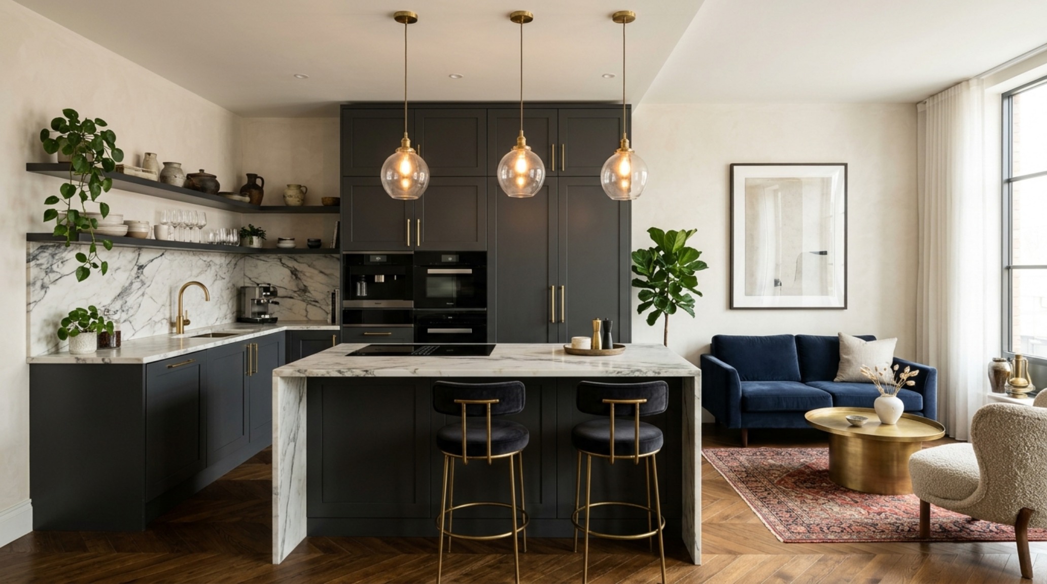 Luxury aesthetic for compact living highlighted by unlacquered brass hardware and velvet upholstery in a rich, moody charcoal hue.