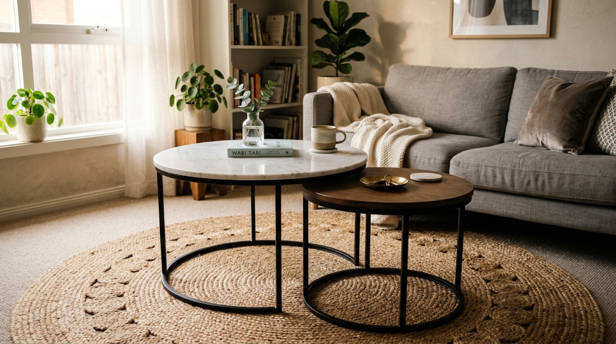 Multi-functional furniture for small spaces including a nesting coffee table set in mixed materials like stone and wood for versatile surface area.