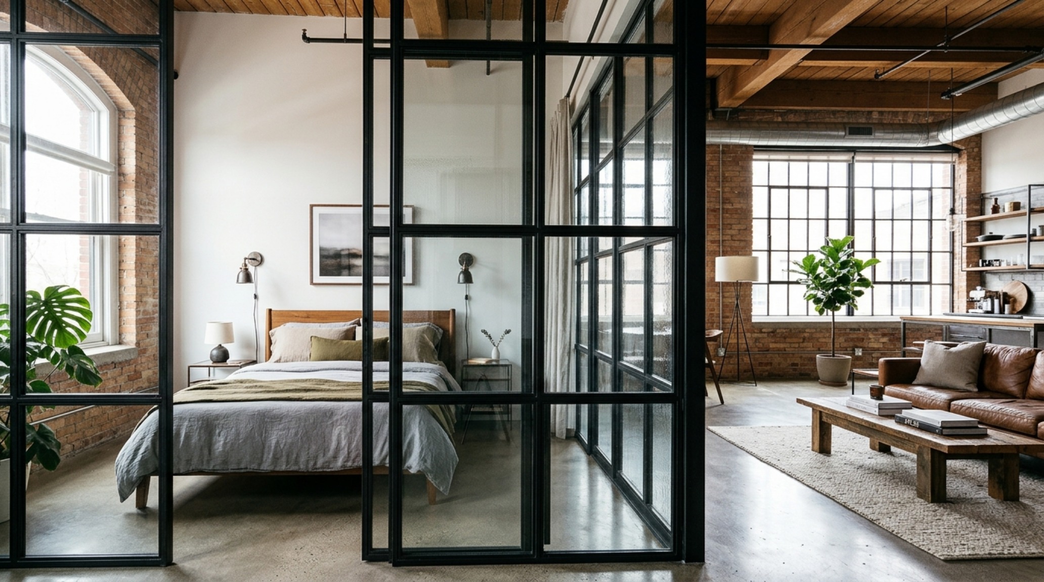 Apartment zoning with furniture featuring a glass partition wall that maintains sightlines while separating the sleeping and living zones.