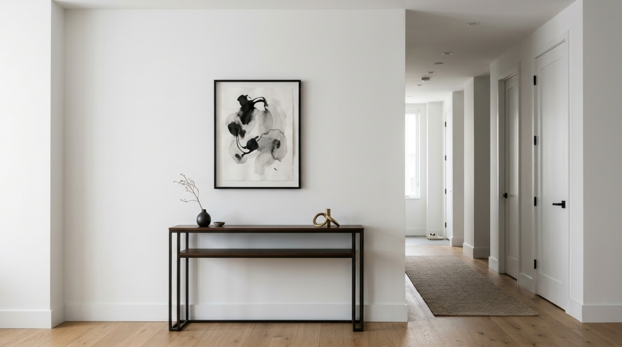 Modern small apartment layout ideas focusing on the use of negative space and curated vignettes to create a sense of architectural openness.
