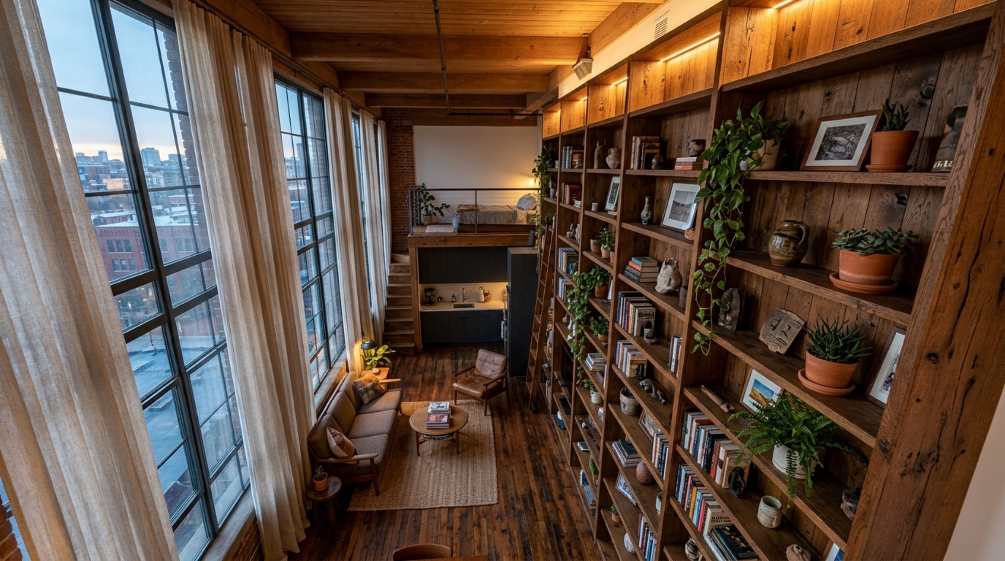 Maximizing vertical space in studios with full-height white oak shelving and hidden warm LED uplighting to accentuate ceiling volume.