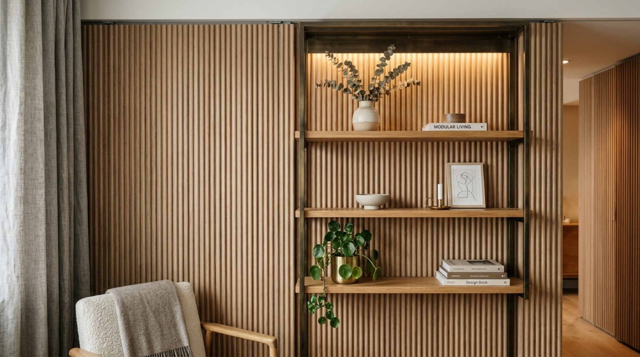 Renter-friendly architectural upgrades featuring modular fluted wall panels and temporary brass fixtures for a bespoke millwork aesthetic.