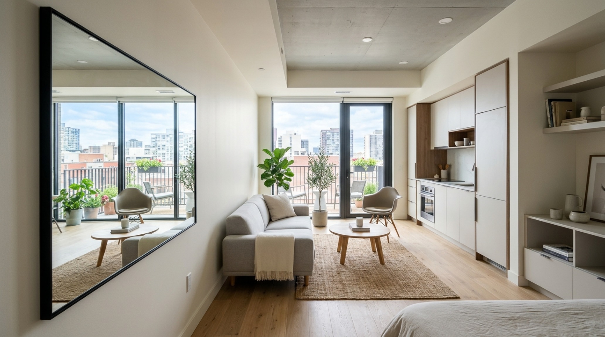Modern small apartment layout ideas demonstrating 36-inch walkway clearances and a strategic mirror placement to elongate the floor plane.