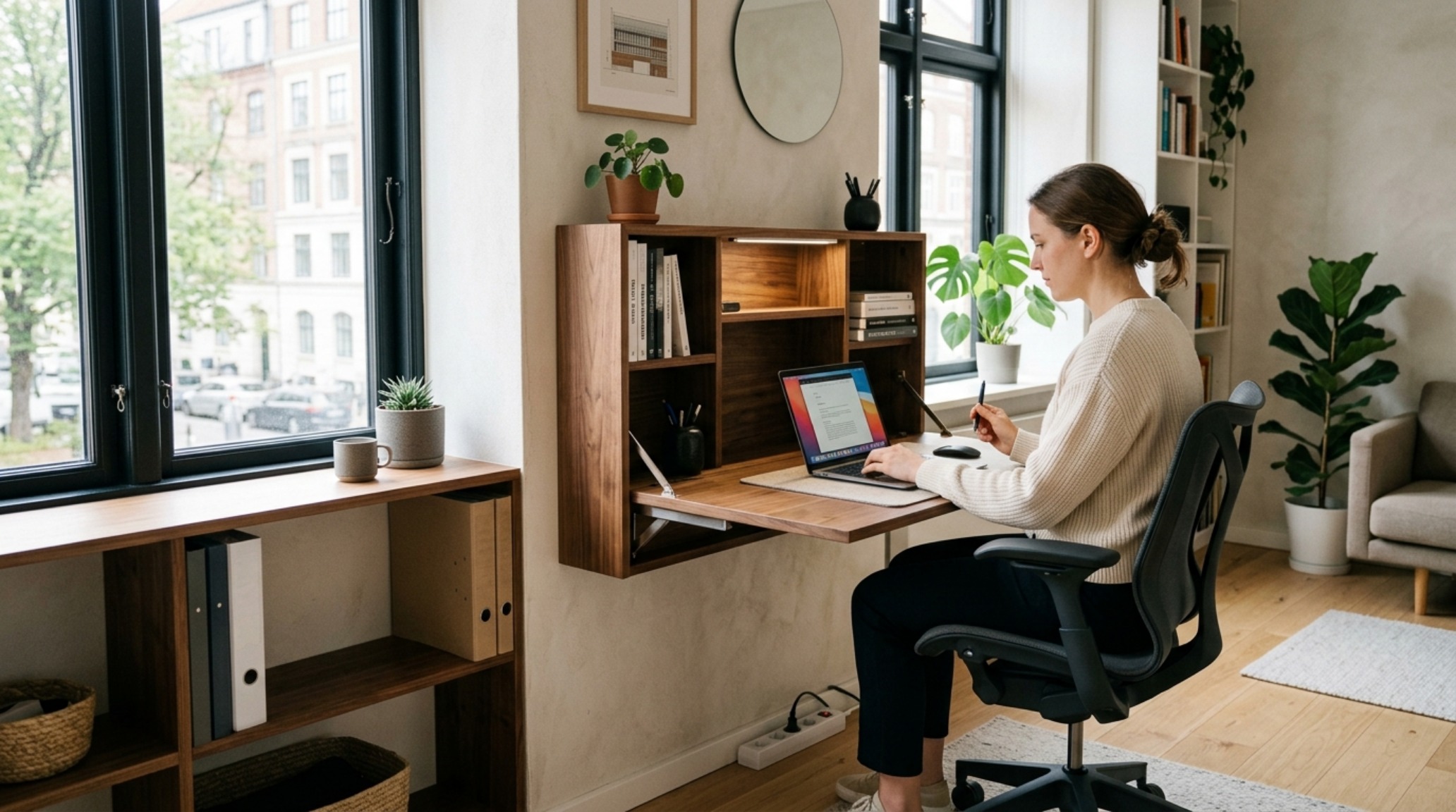 Multi-functional furniture for small spaces featuring a sleek wall-mounted desk that transforms into a minimalist console table with brass details.
