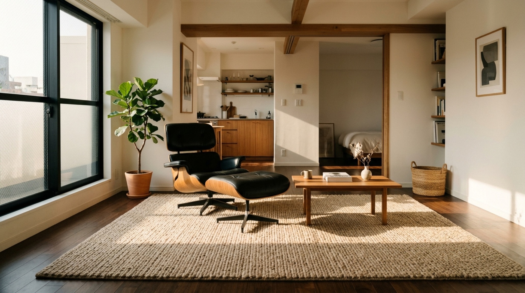 Apartment zoning with furniture using a textured area rug and a sculptural lounge chair to create a distinct reading nook within a studio.