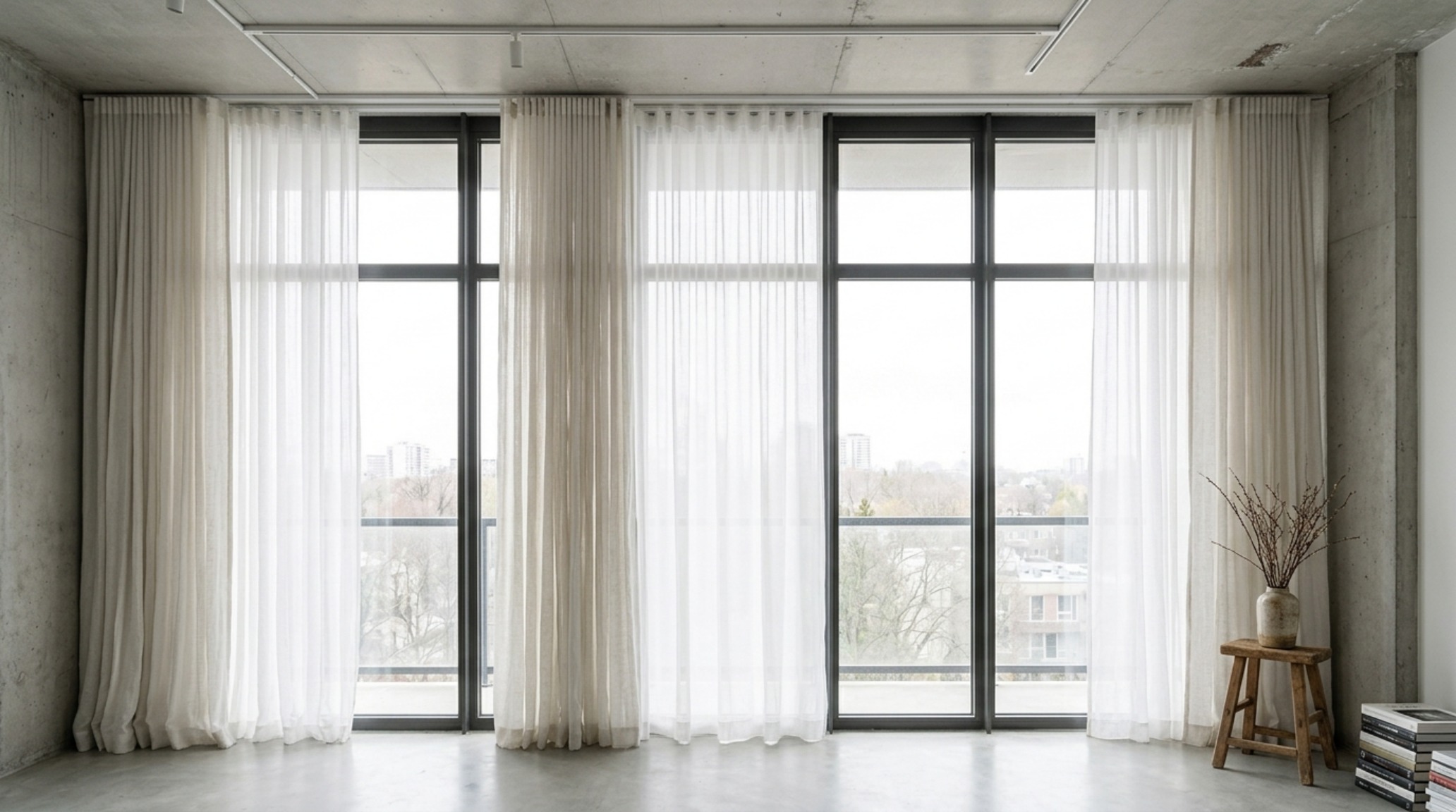 Maximizing vertical space in studios with floor-to-ceiling sheer curtains mounted on a hidden track to emphasize window height.