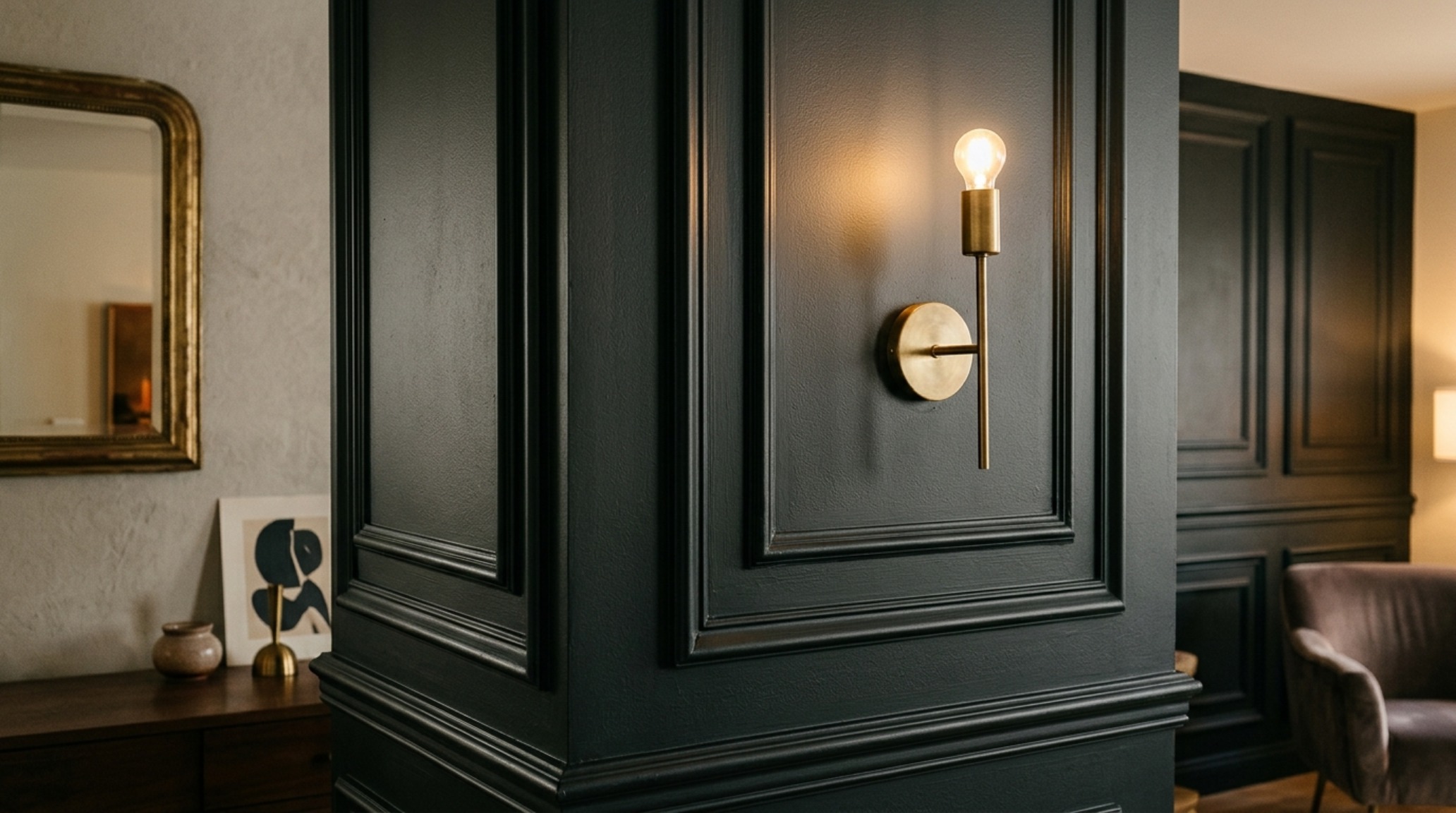 Renter-friendly architectural upgrades using custom-cut adhesive moldings to create a sophisticated paneled wall effect without permanent damage.