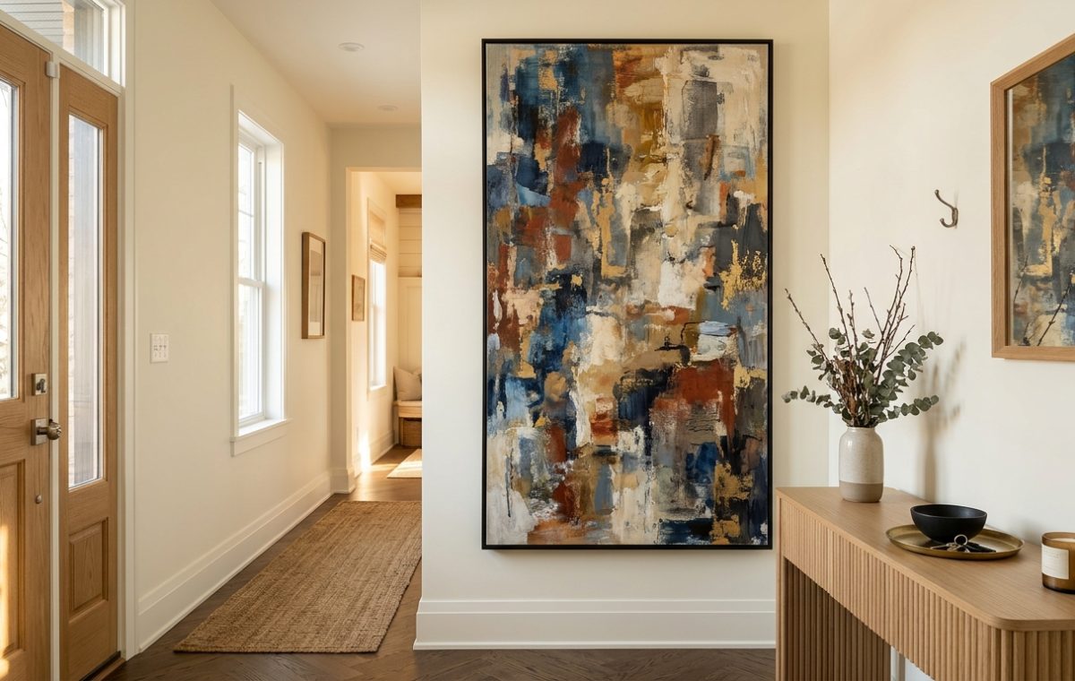 A stunning narrow entryway featuring a single oversized vertical abstract canvas on a Benjamin Moore Swiss Coffee wall, exemplifying the Hero Statement rule.