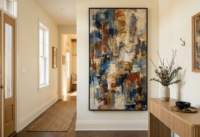 A stunning narrow entryway featuring a single oversized vertical abstract canvas on a Benjamin Moore Swiss Coffee wall, exemplifying the Hero Statement rule.