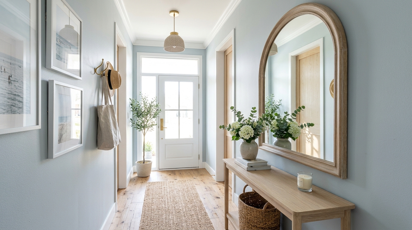 Vertical perspective of a narrow foyer painted in Farrow and Ball Skylight, featuring a tall arched mirror to bounce natural light.