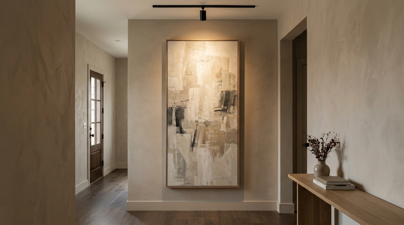 Oversized art for narrow hallways: a 60-inch tall minimalist canvas centered using the Golden Ratio on a neutral limewash wall.