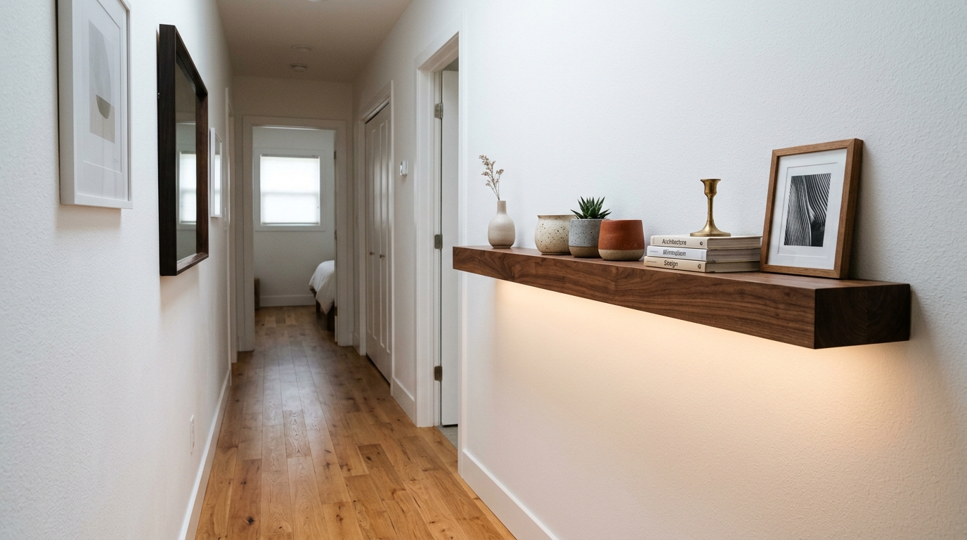 Designer entryway featuring a custom built-in floating shelf in dark walnut, maintaining open floor space in a tight corridor.