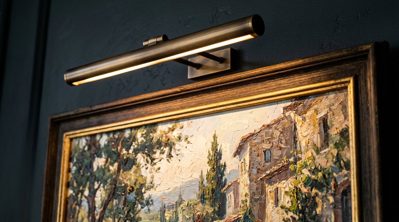 Architectural detail of a picture light with a high CRI rating casting a 30-degree beam onto a textured abstract painting.