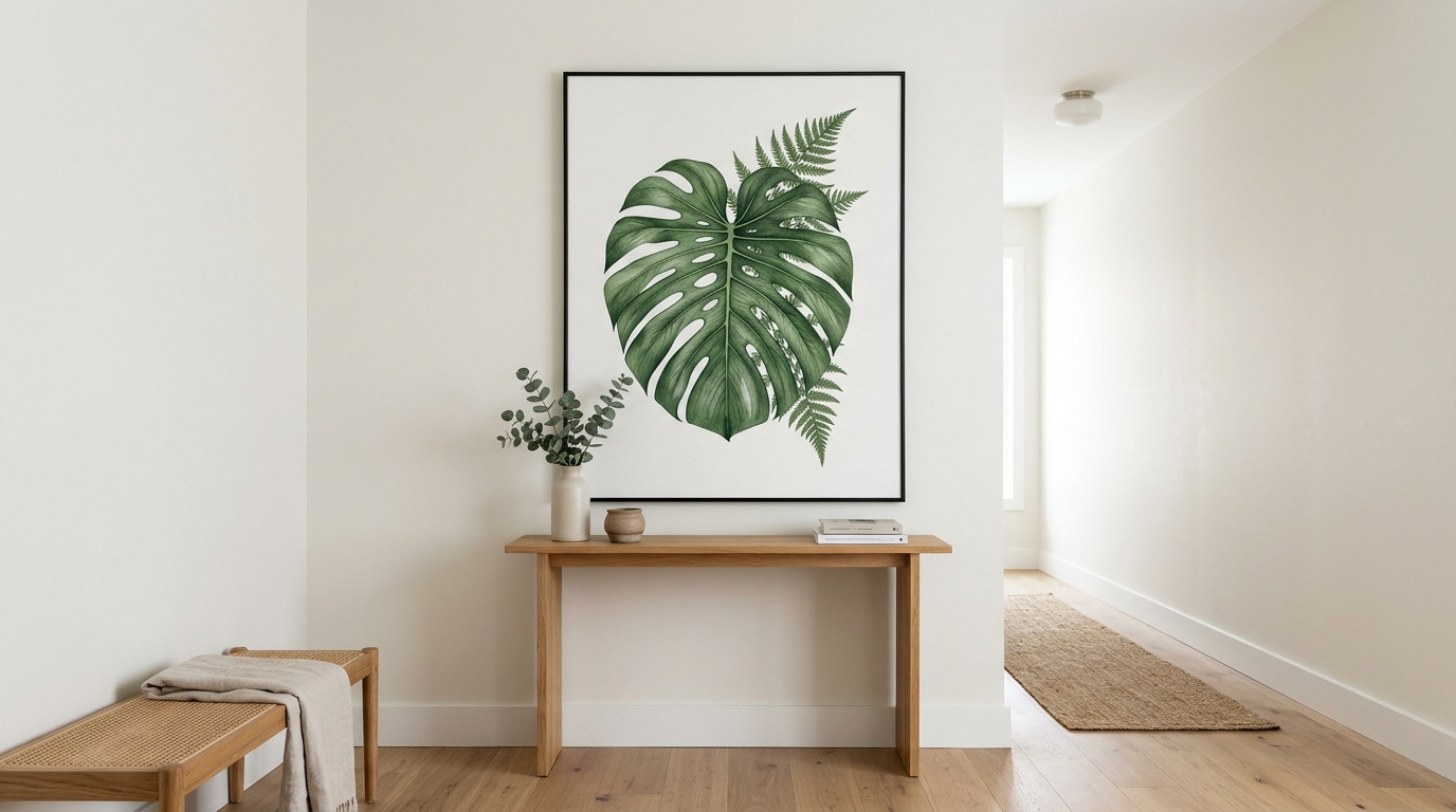 Hallway wall art arrangement using a single large-scale botanical print in a thin black frame for a clean, modern aesthetic.