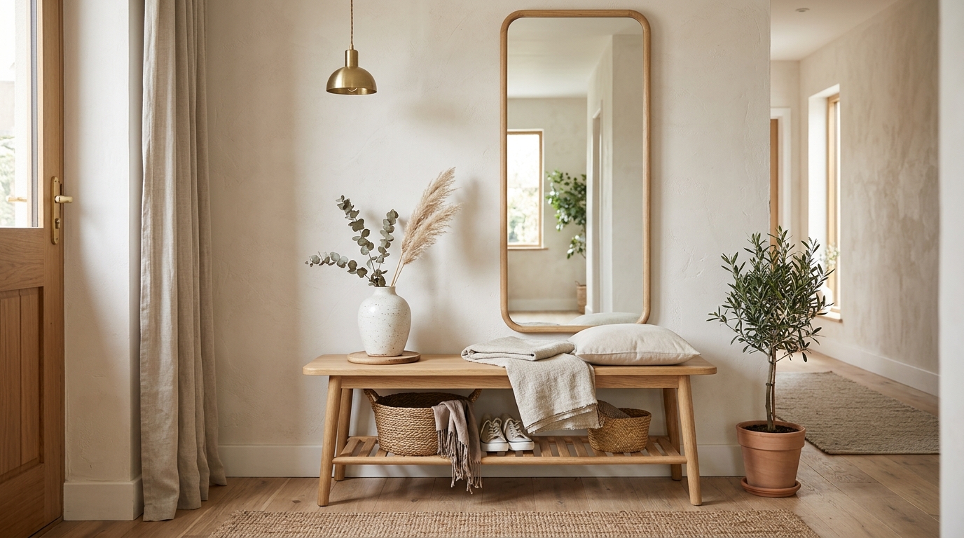 A narrow entryway with a custom-made slim bench in light oak, paired with a large vertical mirror and a single ceramic vase.