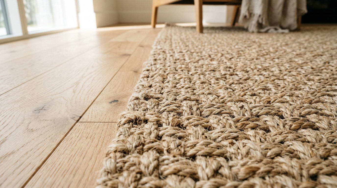 Close-up of a high-quality jute runner rug showing the fine weave and the 6-inch gap between the rug and the white baseboards.