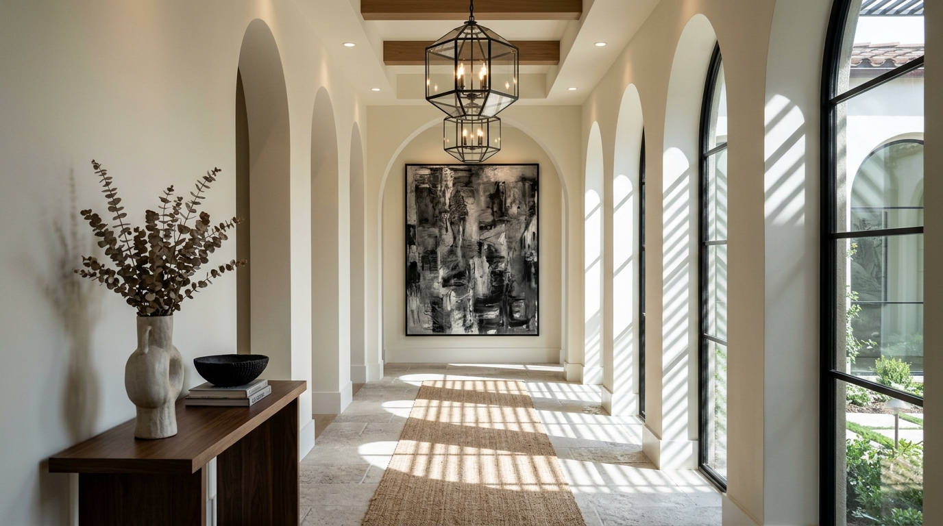 Minimalist foyer design with a single statement pendant light and a large-scale monochromatic artwork at the end of the hallway.