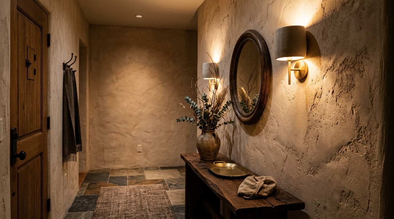 Detail of a plaster-textured wall in a narrow entry, illuminated by a warm 2700K wall sconce for an intimate atmosphere.