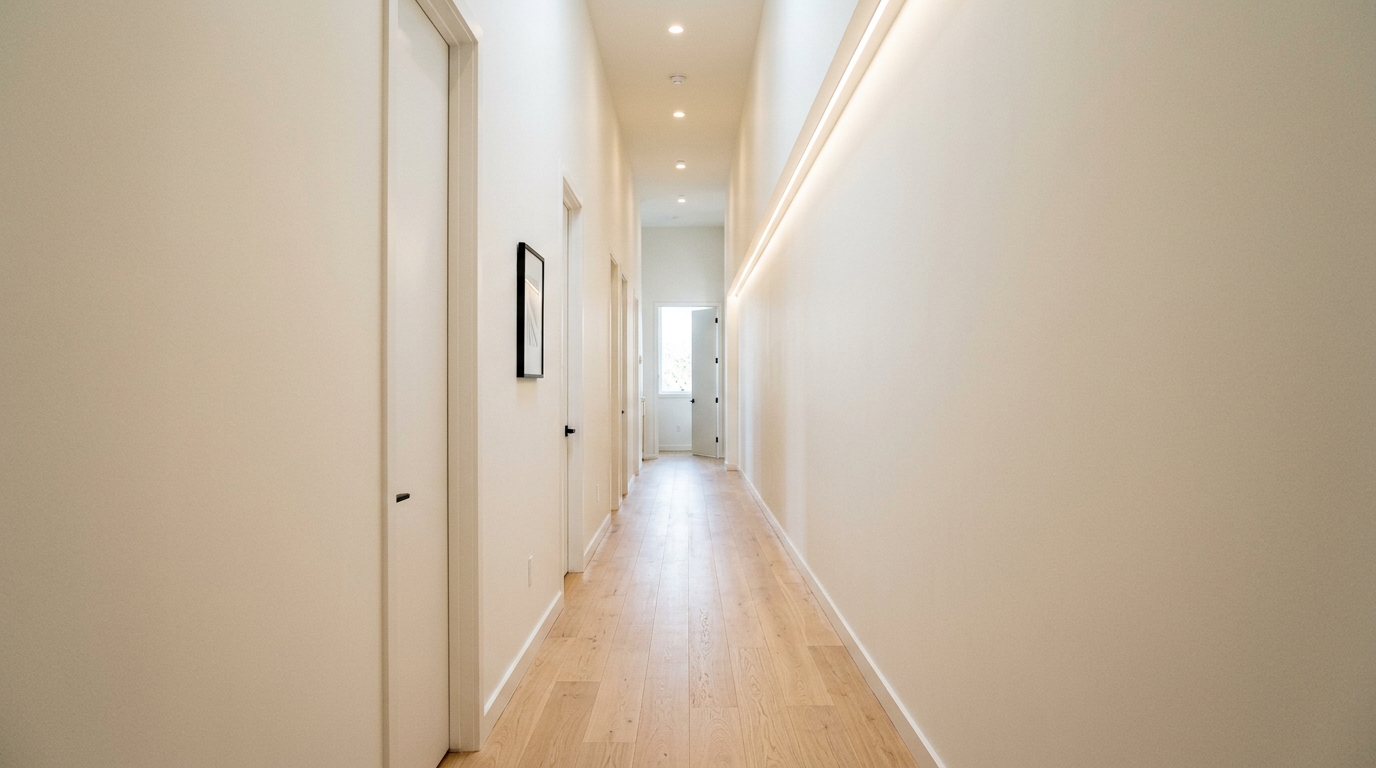Wide-angle architectural view of a 48-inch hallway with a 10-inch deep fluted oak console, demonstrating 36-inch walkway clearance.