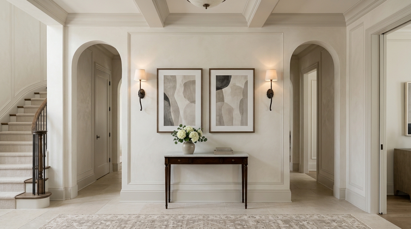 Symmetry in a narrow foyer: two identical vertical prints flanking a thin doorway, creating a rhythmic and balanced architectural flow.