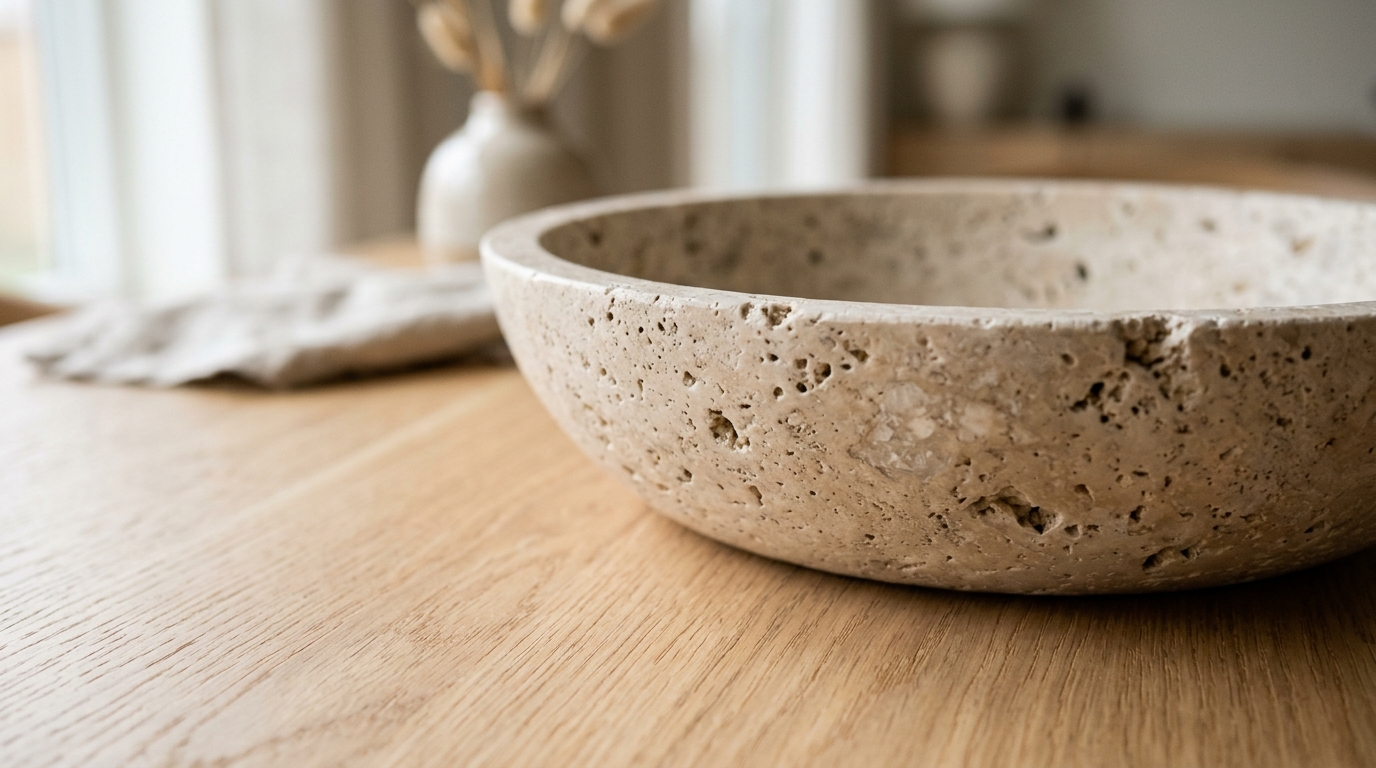 Close-up detail of a honed travertine bowl and brass key dish on a white oak surface, highlighting tactile materiality in foyer design.