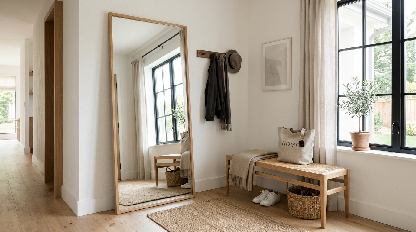 Functional lifestyle shot of a minimalist entryway with a leaning mirror and a small bench, showcasing ergonomic small entryway decor ideas.
