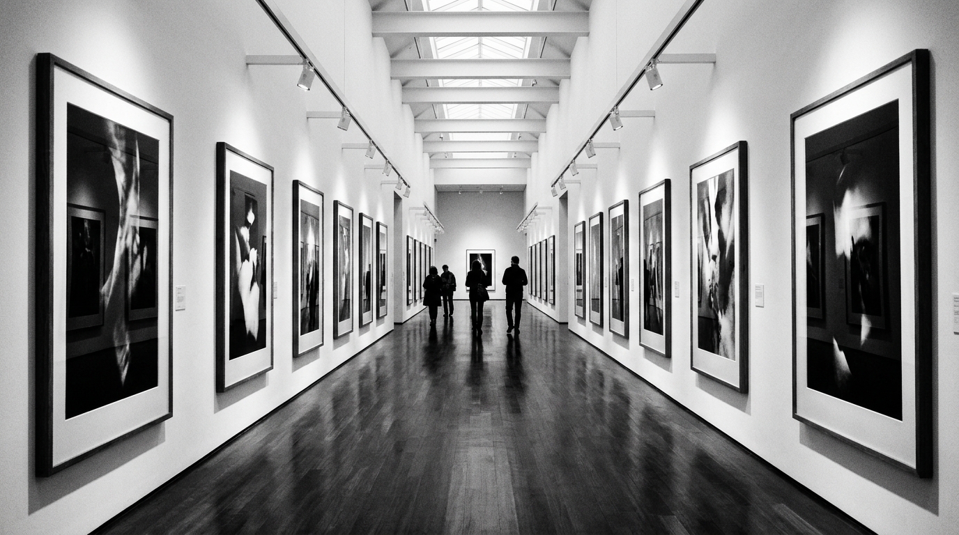 A tall, thin hallway with a high-contrast black and white vertical photograph, creating a dramatic gallery-style sightline.