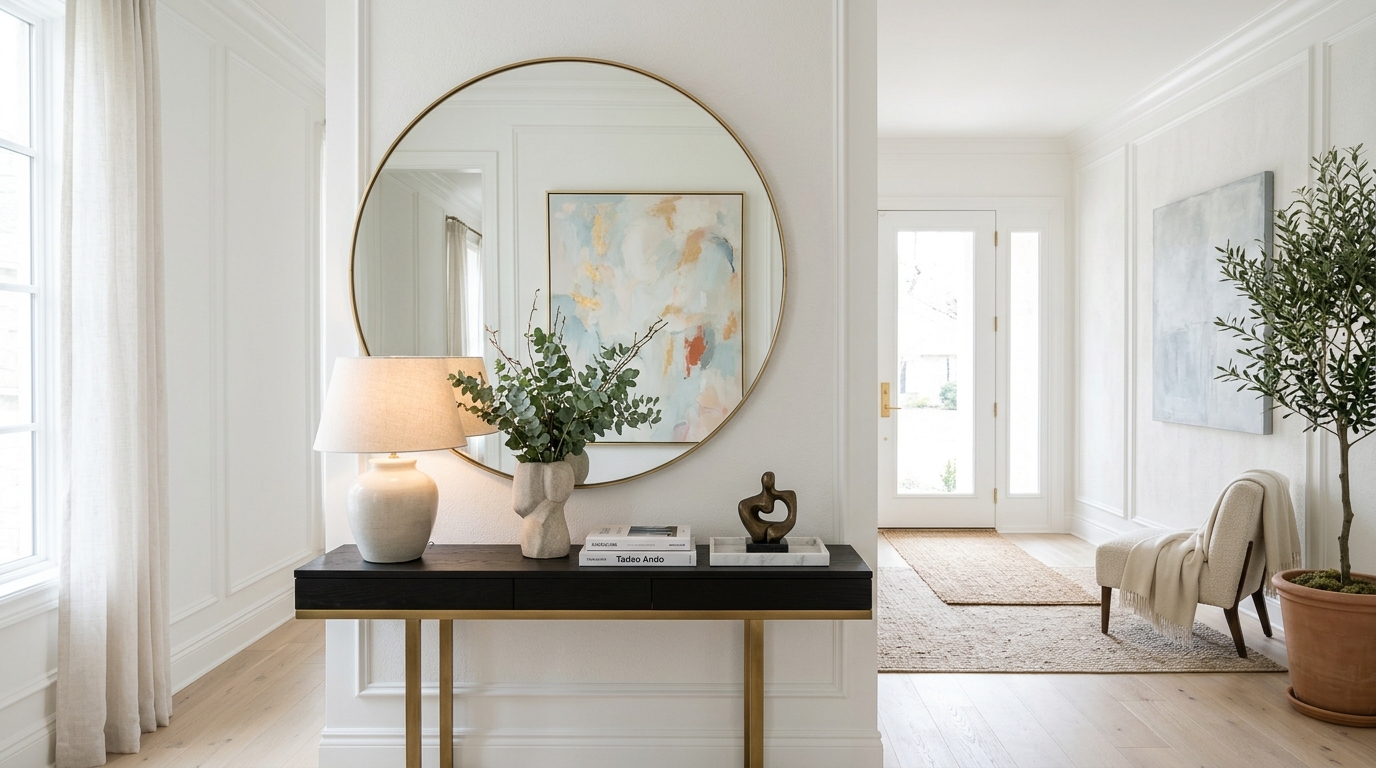 Small entryway console table with mirror reflecting a large-scale oil painting on the opposite wall to increase perceived volume.