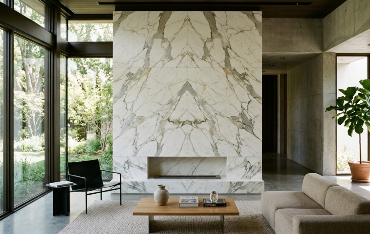 A floor-to-ceiling book-matched Calacatta marble fireplace in a modern living room, emphasizing the Golden Ratio and structural symmetry with adjacent floor-to-ceiling windows.
