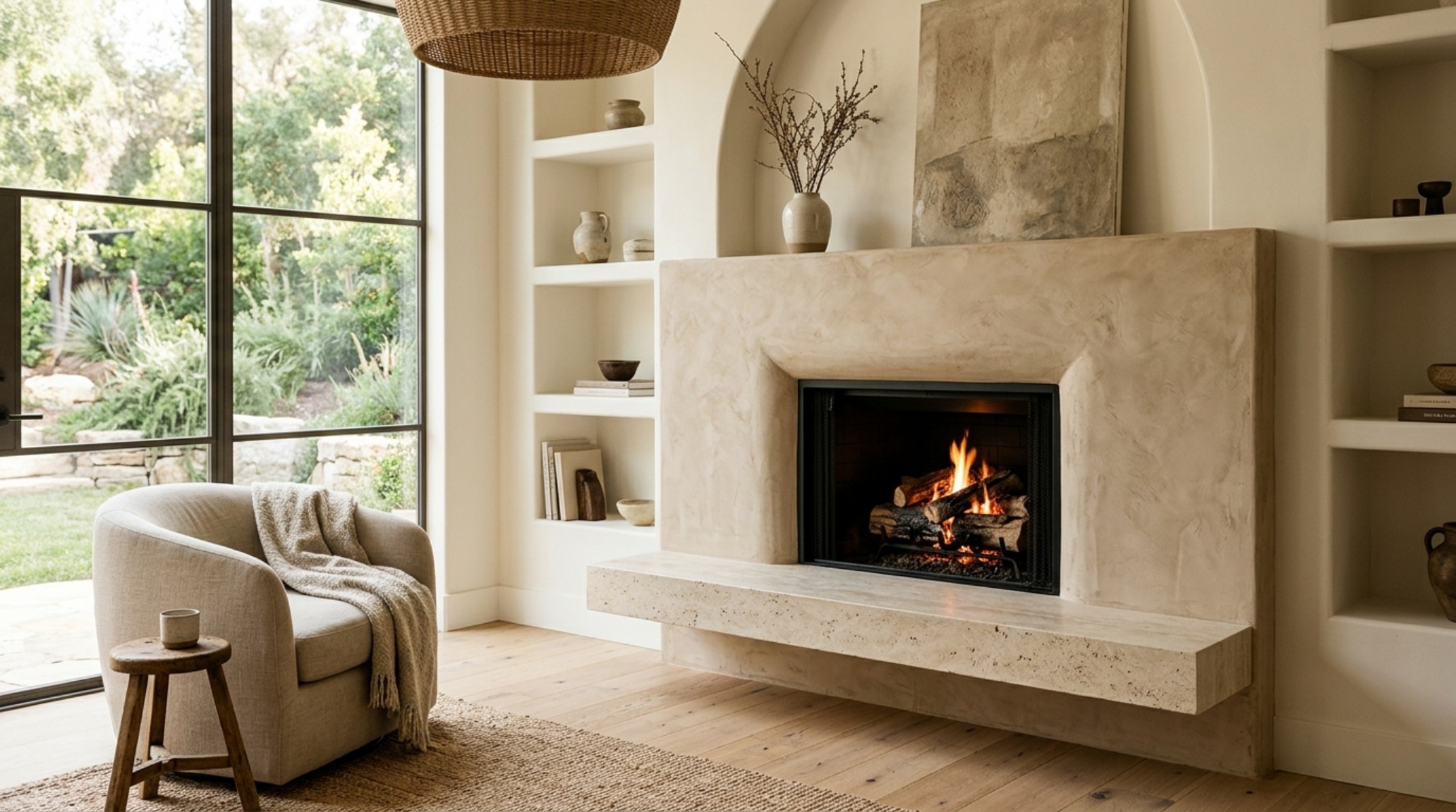 A minimalist fireplace with a hand-troweled Roman Clay plaster surround and a floating honed travertine hearth, showcasing organic modern textures and quiet luxury.