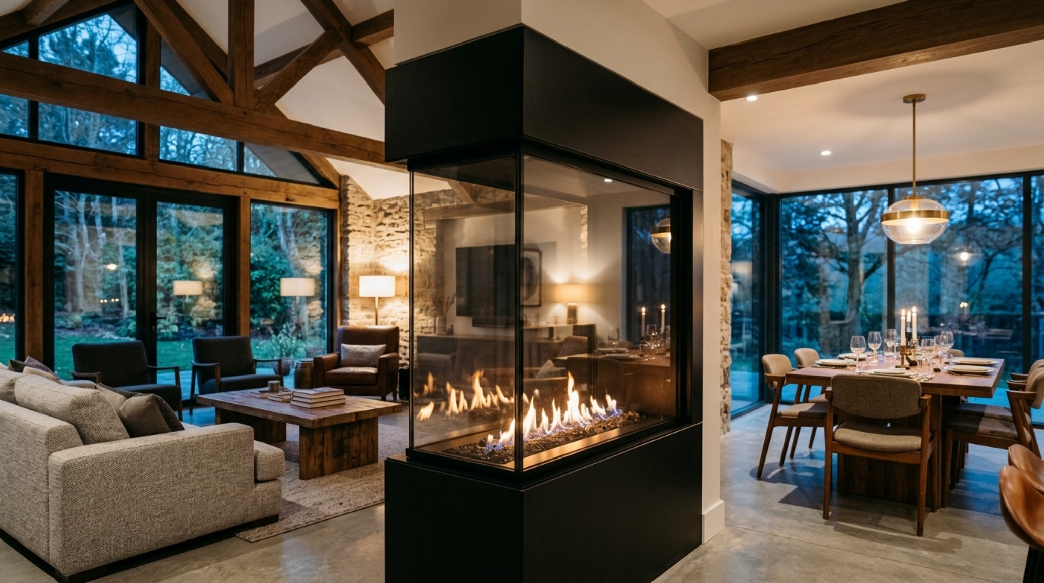 A double-sided contemporary fireplace with black steel framing and glass panels, acting as a spatial divider between a minimalist dining area and a warm living space.