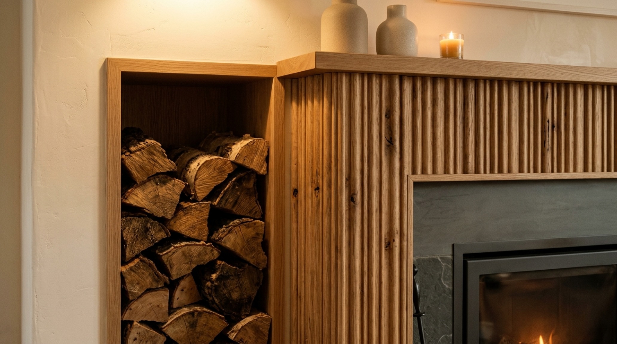 Architectural detail of a fluted white oak fireplace mantel with a built-in wood storage niche, illuminated by 2700K warm ambient lighting for a biophilic aesthetic.