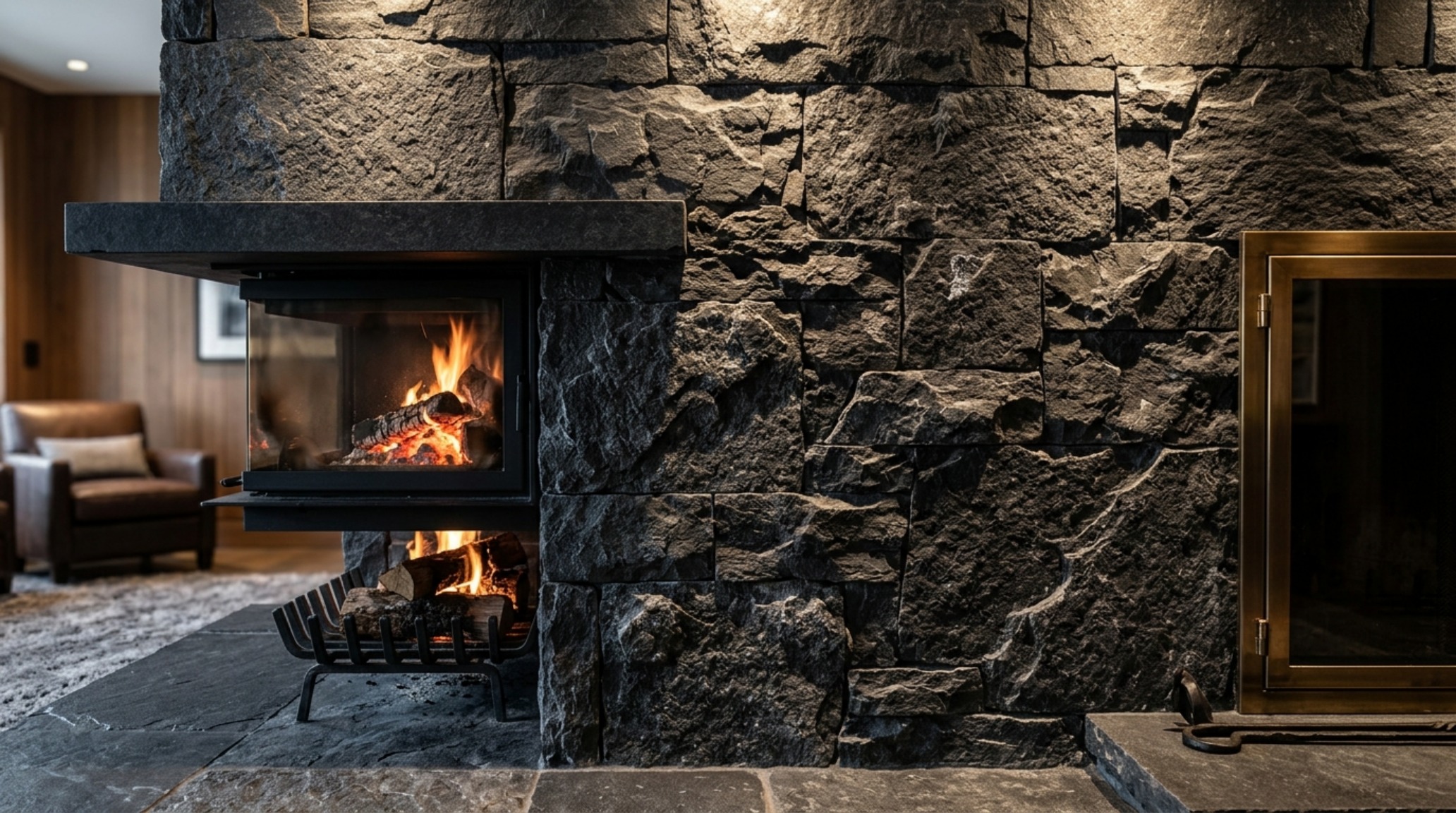 Editorial view of a high-end fireplace lighting idea featuring recessed wall grazers that highlight the tactile texture of a dark slate charcoal stone surround.