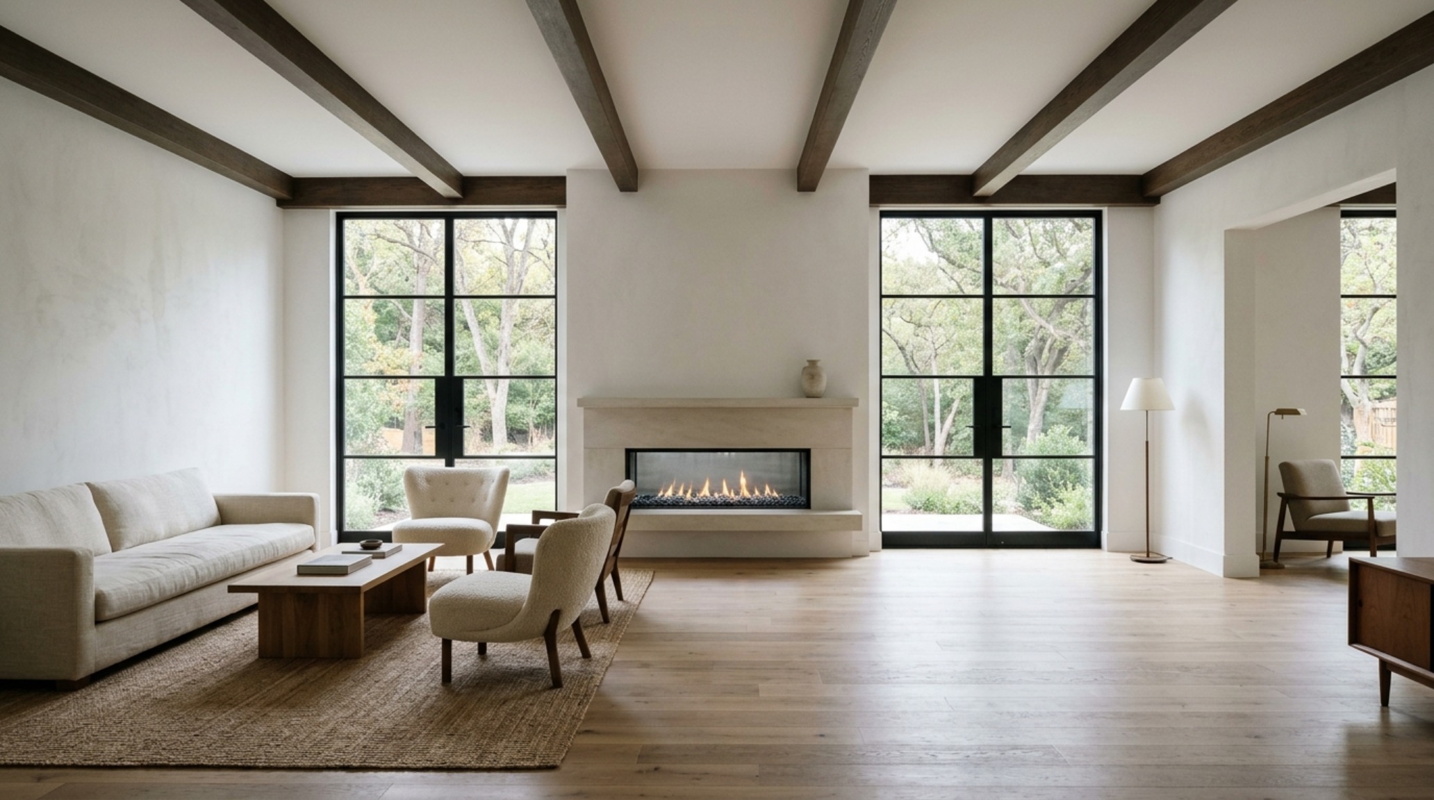 A luxurious fireplace decor idea showing a minimalist stone hearth aligned perfectly with structural ceiling beams and a 36-inch clear walkway for spatial cadence.