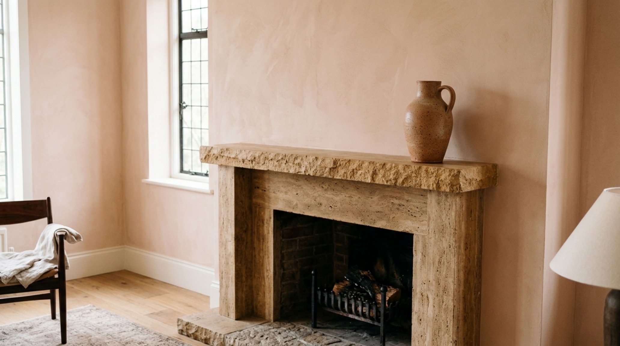 Bespoke mantel styling on a honed travertine fireplace with a single sculptural ceramic vase, demonstrating the use of negative space in luxury interior design.