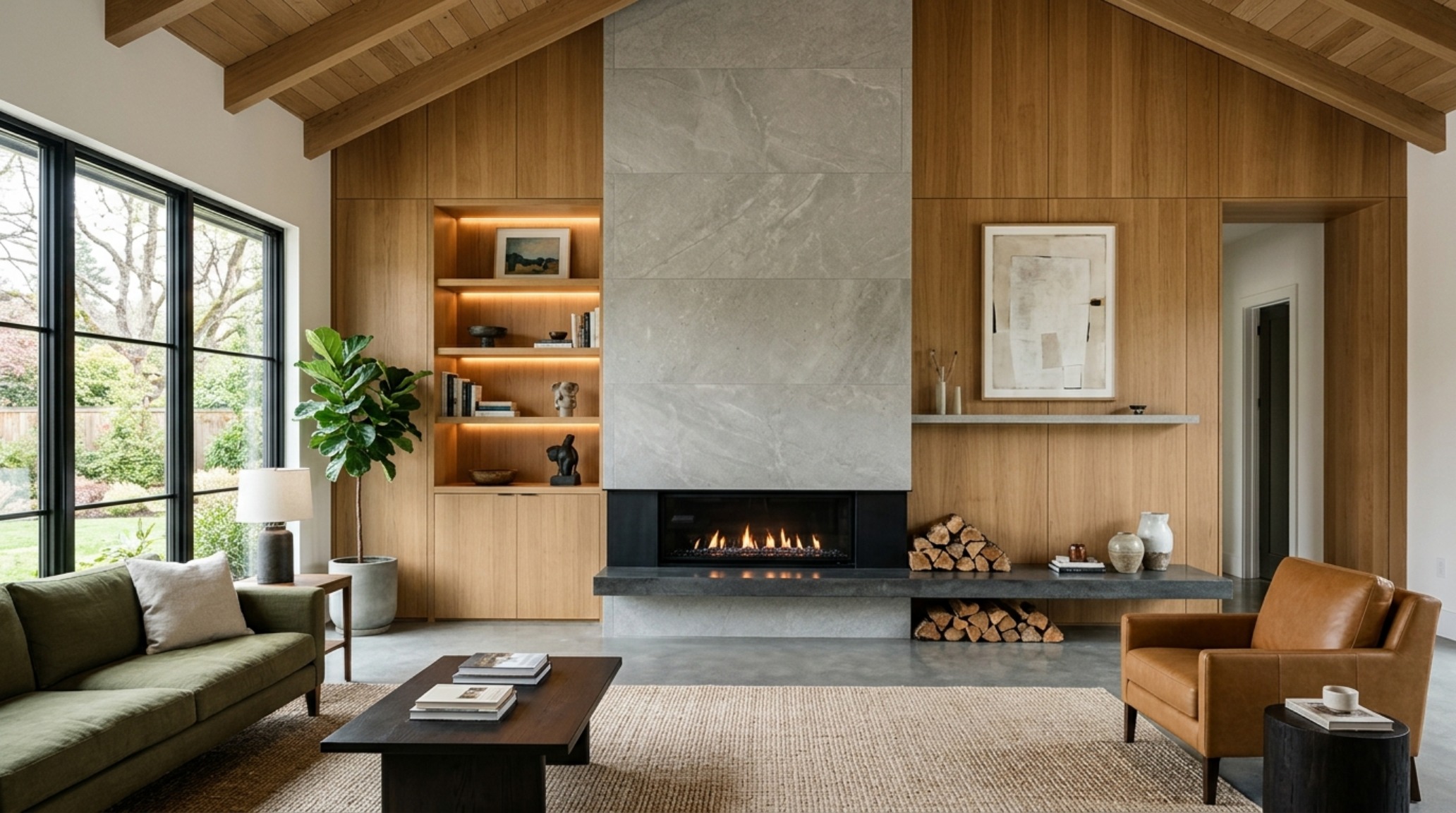 A floor-to-ceiling fireplace clad in large-format porcelain slabs that mimic natural stone, integrated into a wall of custom white oak cabinetry with 3000K task lighting.