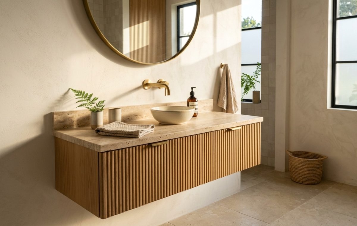 floating vanity for powder rooms crafted in fluted white oak with a honed travertine countertop and concealed brass waste fitting