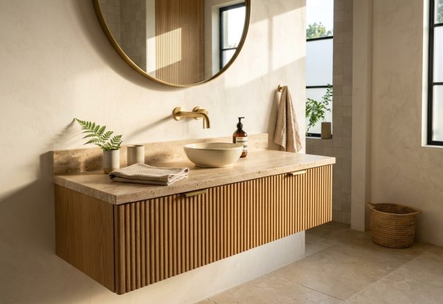 floating vanity for powder rooms crafted in fluted white oak with a honed travertine countertop and concealed brass waste fitting