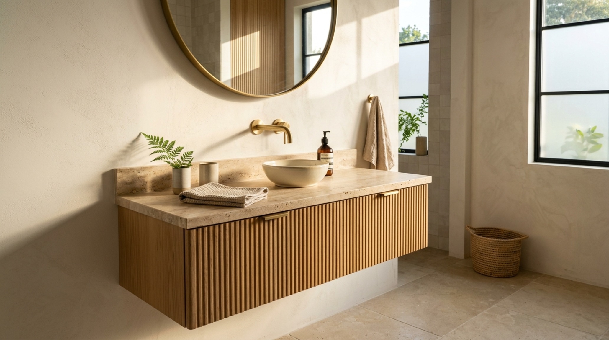floating vanity for powder rooms crafted in fluted white oak with a honed travertine countertop and concealed brass waste fitting floating vanity for powder rooms crafted in fluted white oak with a honed travertine countertop and concealed brass waste fitting