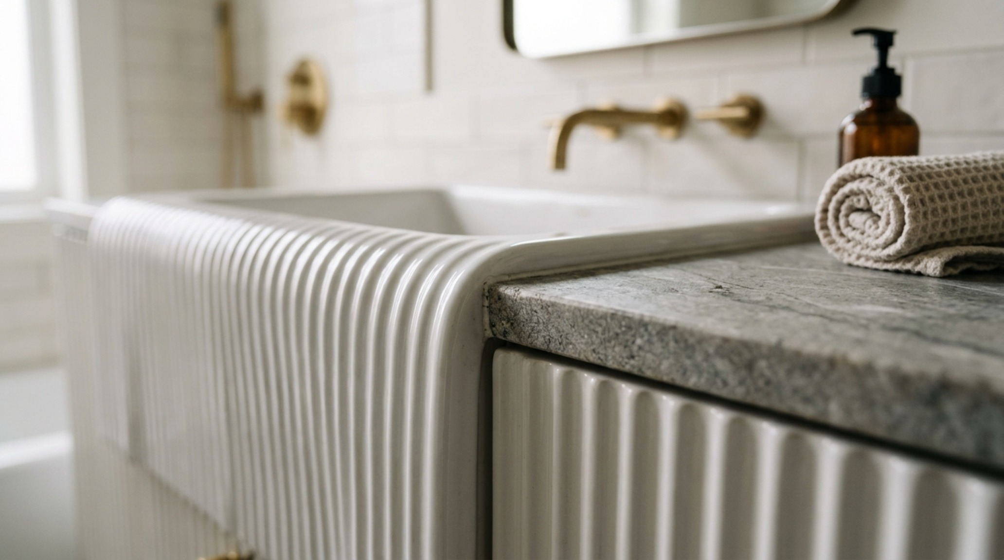 integrated sink and vanity units showing the detailed texture of a fluted porcelain basin and a floating stone shelf integrated sink and vanity units showing the detailed texture of a fluted porcelain basin and a floating stone shelf