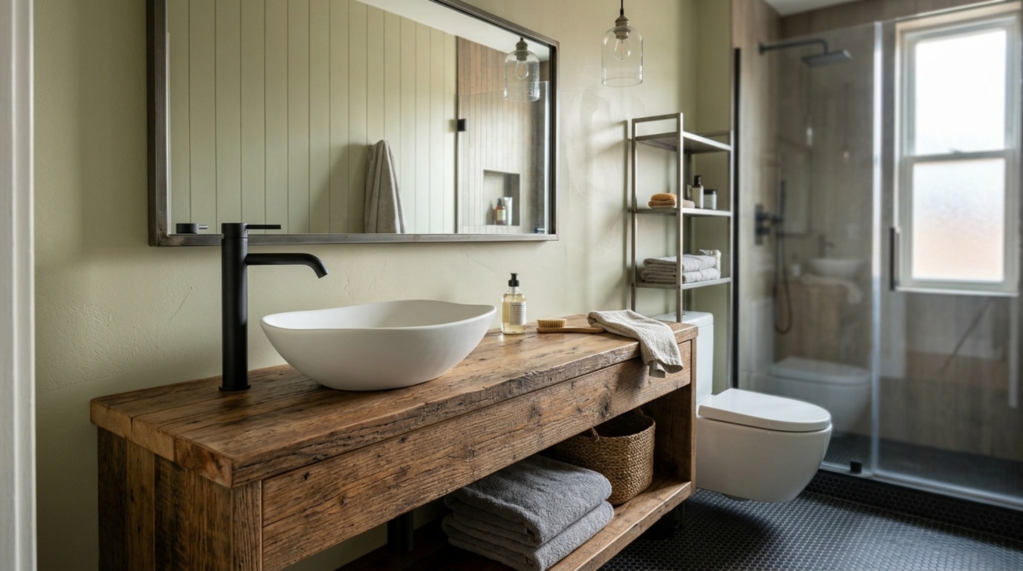 narrow depth bathroom vanities in a compact ensuite featuring a reclaimed wood cabinet and an offset sculptural ceramic basin narrow depth bathroom vanities in a compact ensuite featuring a reclaimed wood cabinet and an offset sculptural ceramic basin