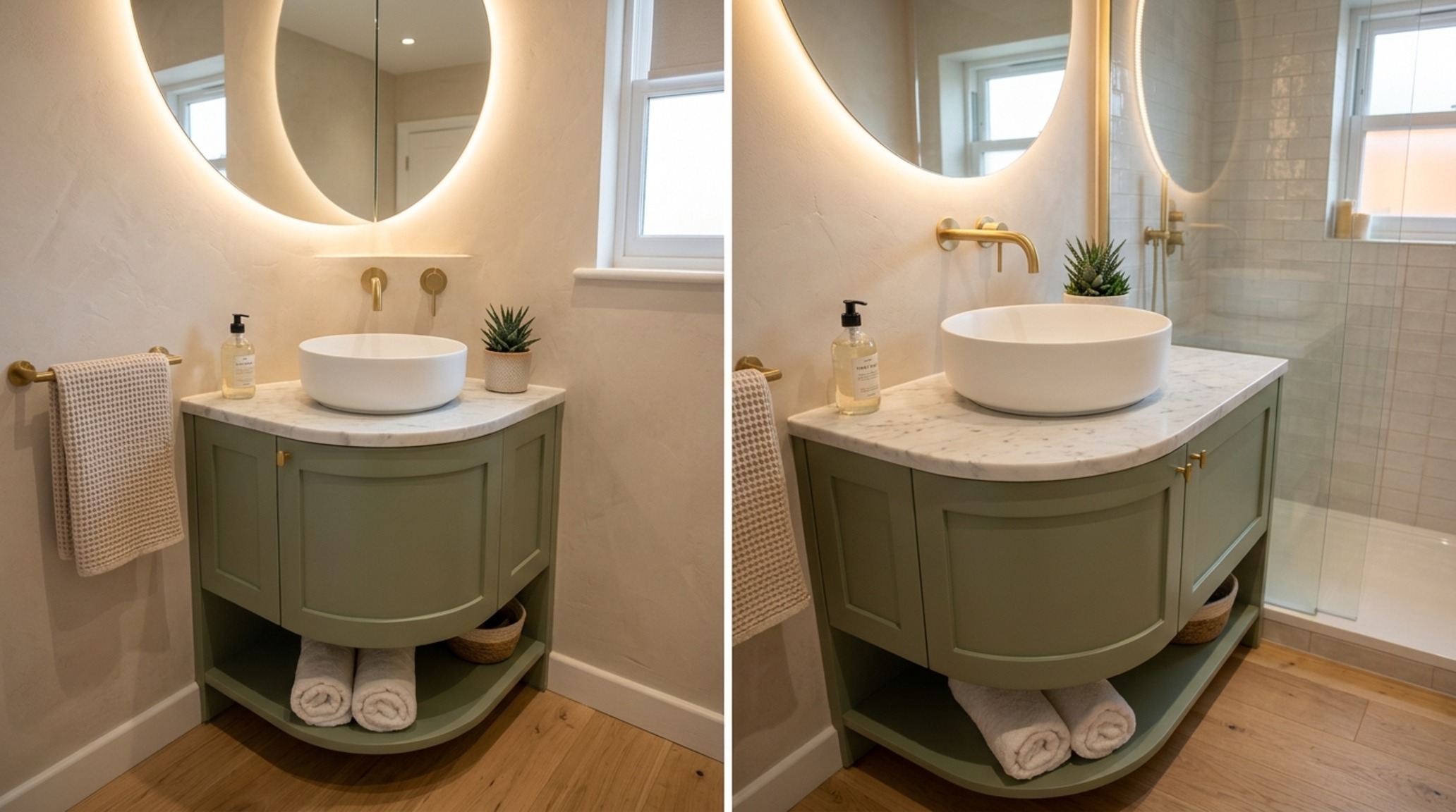corner vanity units for small spaces with a radius-edged design in soft sage green and a custom marble vessel sink corner vanity units for small spaces with a radius-edged design in soft sage green and a custom marble vessel sink