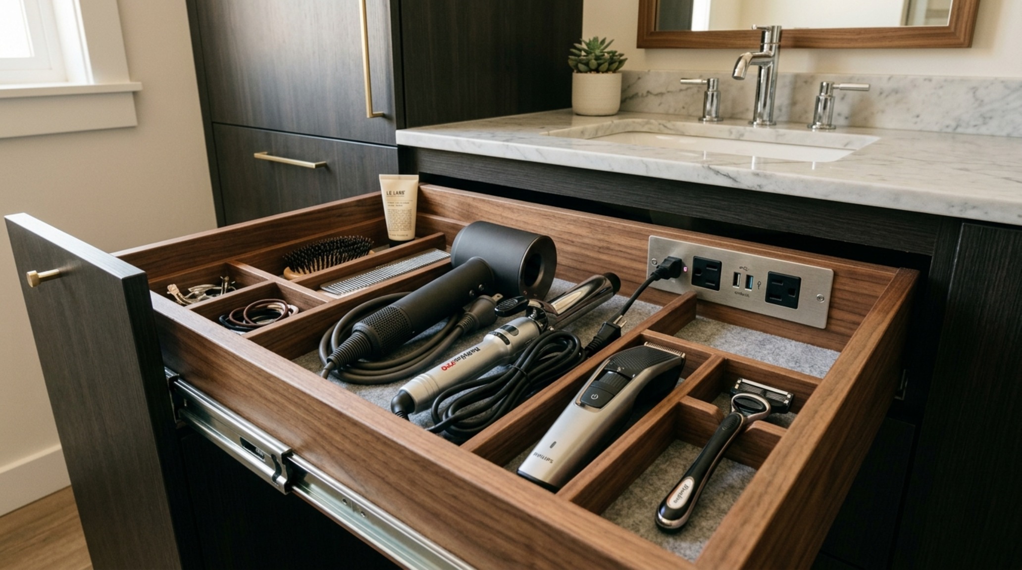 modern small bathroom storage hacks using deep drawers and vertical pull-outs in a custom walnut floating vanity modern small bathroom storage hacks using deep drawers and vertical pull-outs in a custom walnut floating vanity