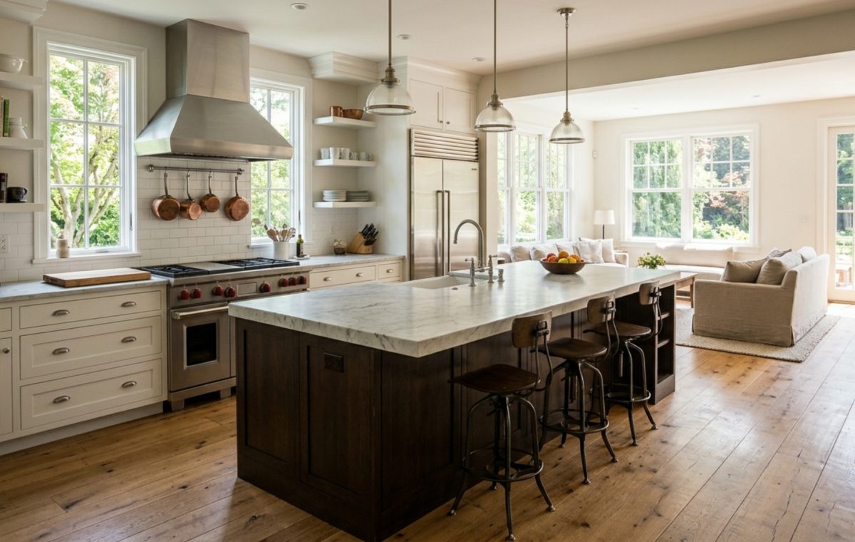 open concept kitchen layouts featuring a massive load-bearing island with honed marble and 42-inch clearance aisles in a 2013 luxury residence