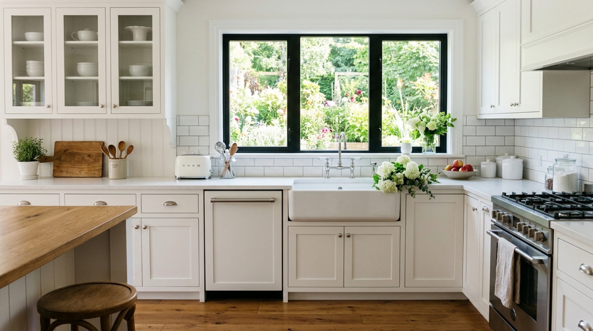 white shaker kitchen design in a bright airy space with a 36-inch apron front farmhouse sink and traditional bridge plumbing