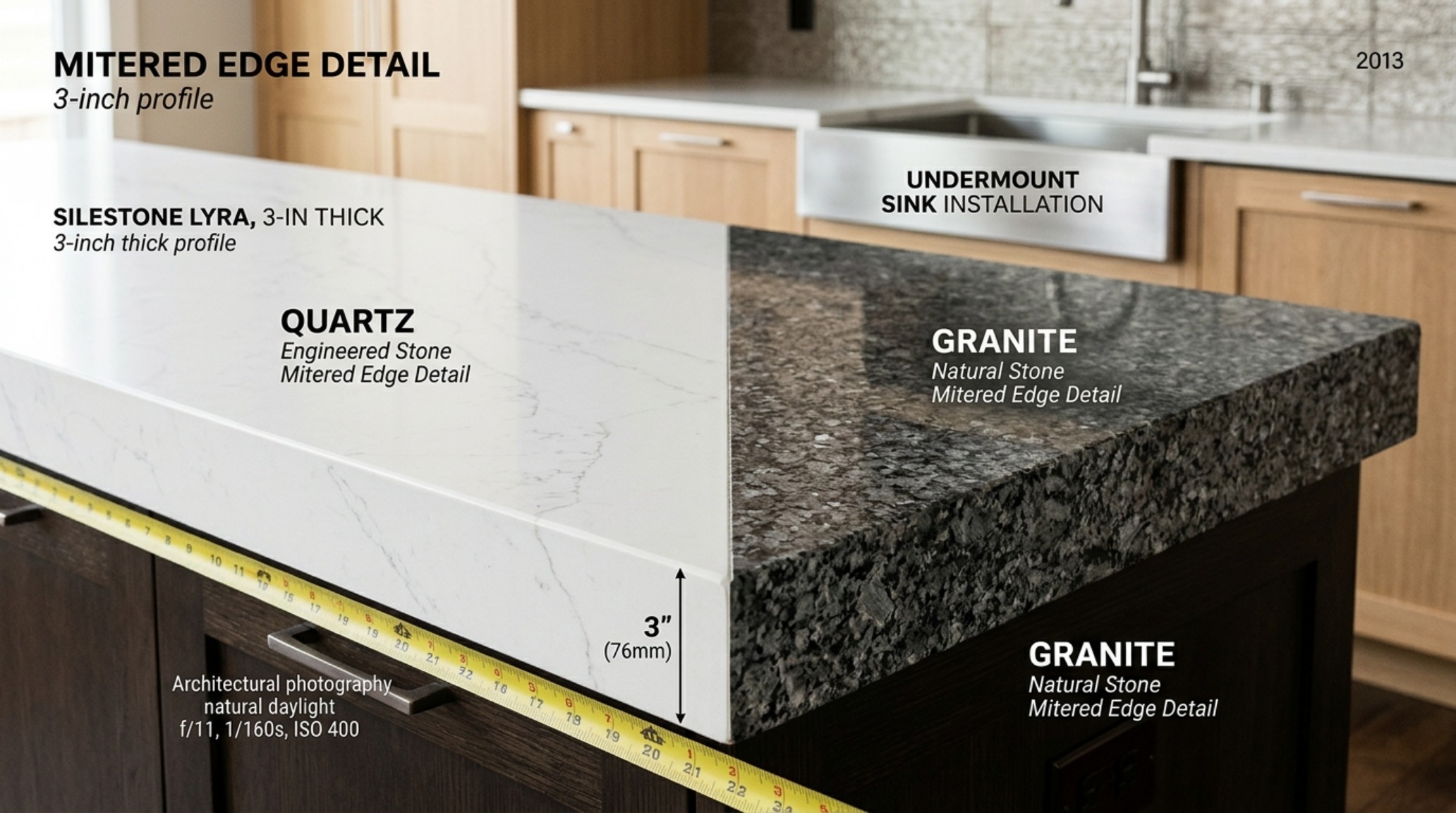 quartz vs granite 2013 showcasing the durability of engineered stone on a high-traffic island with a minimalist eased edge