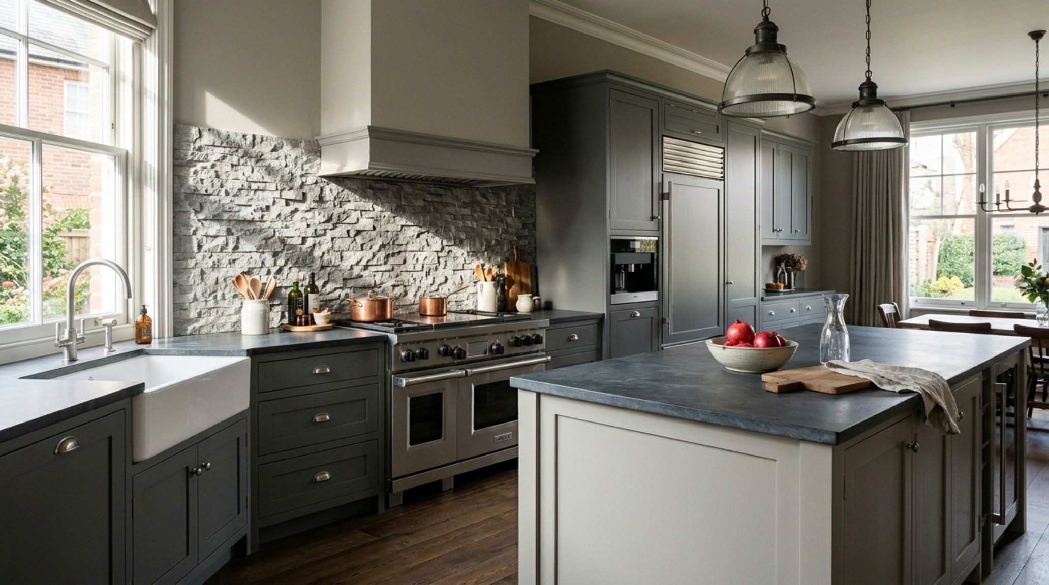 gray kitchen palette ideas incorporating Revere Pewter walls and warm gray stone flooring for a cohesive greige atmosphere