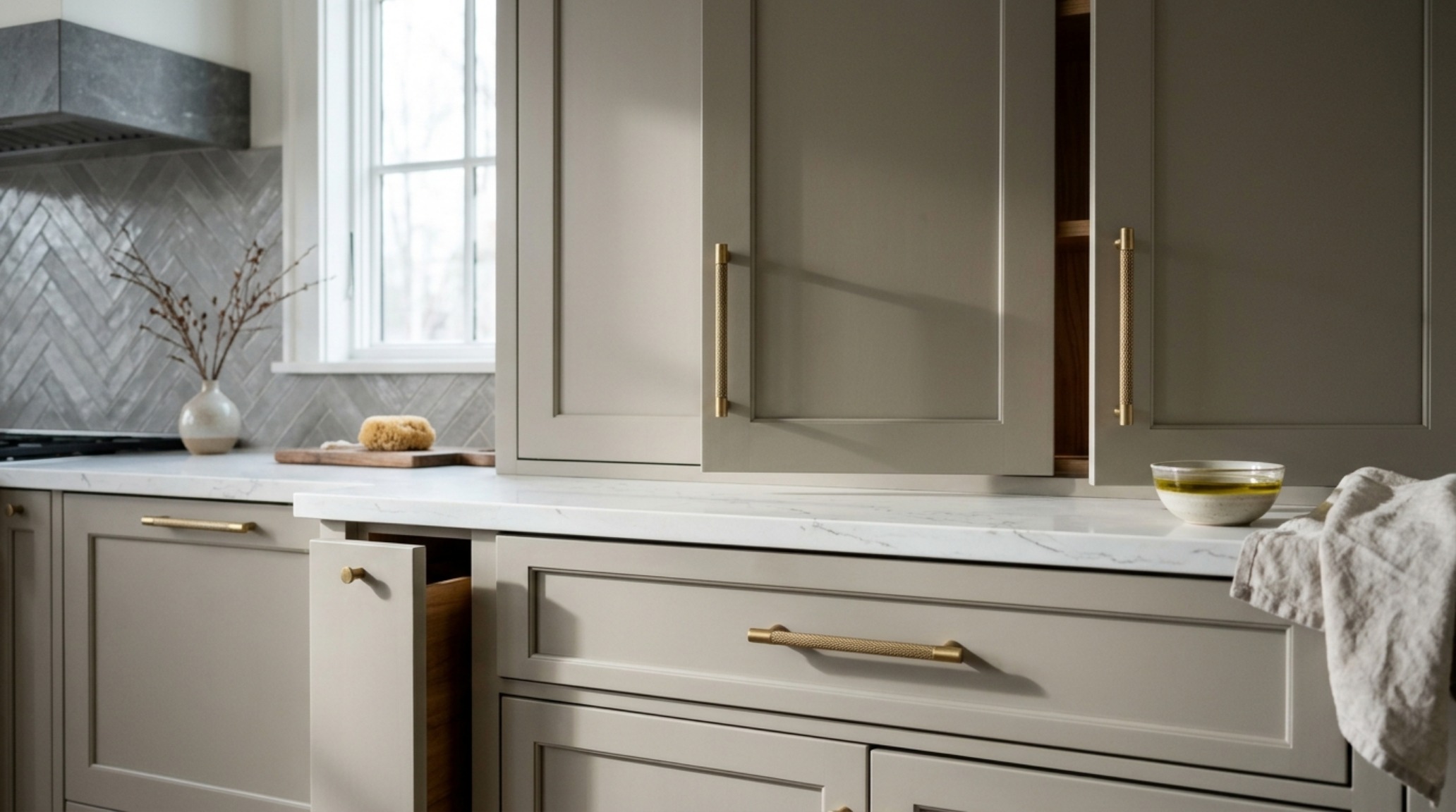 gray kitchen palette ideas showcasing Benjamin Moore Stonington Gray cabinetry with soft matte finishes and high-CRI recessed lighting