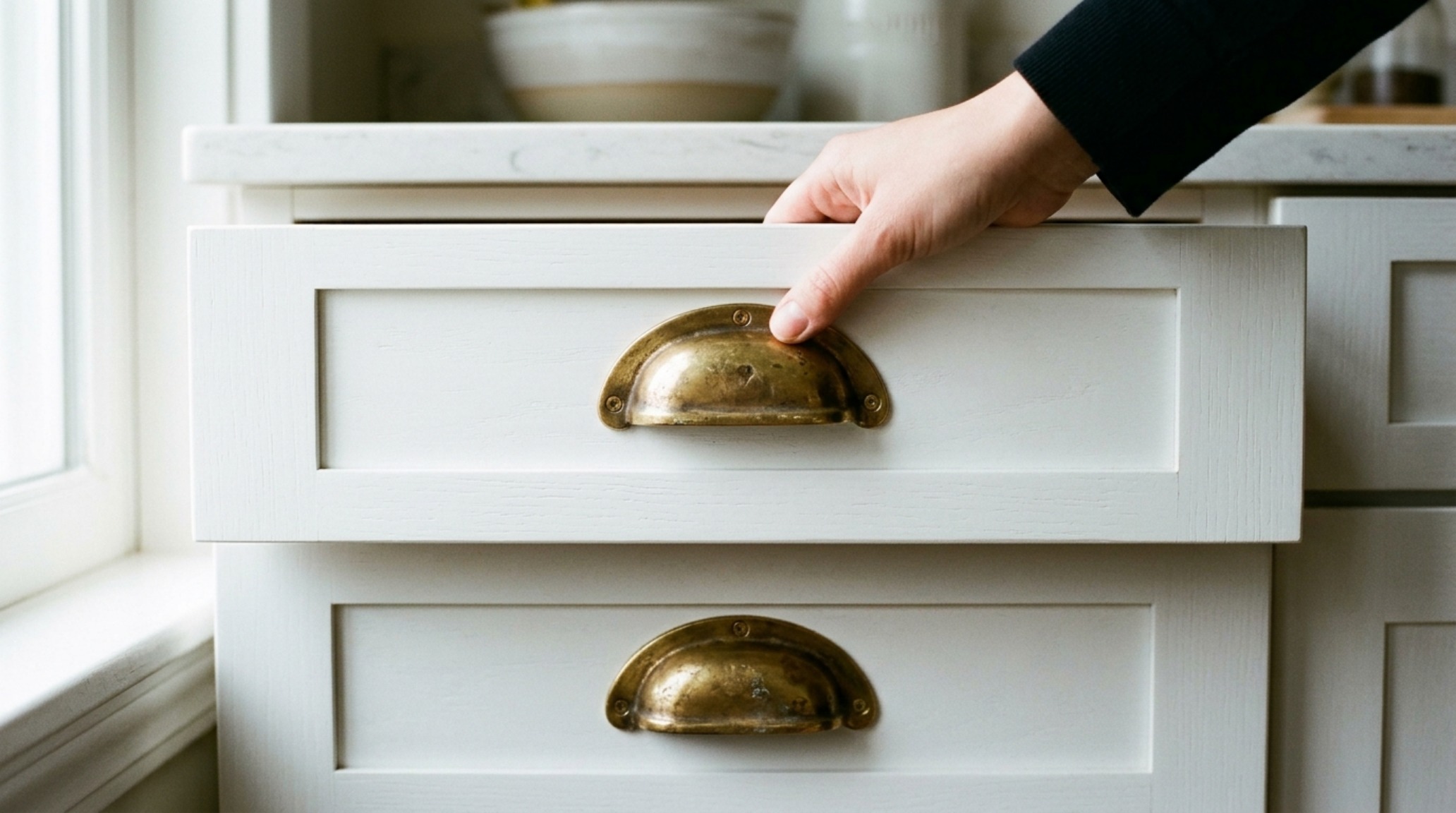brass hardware revival 2013 detailed on white shaker doors with unlacquered brass pulls and a matching bridge faucet