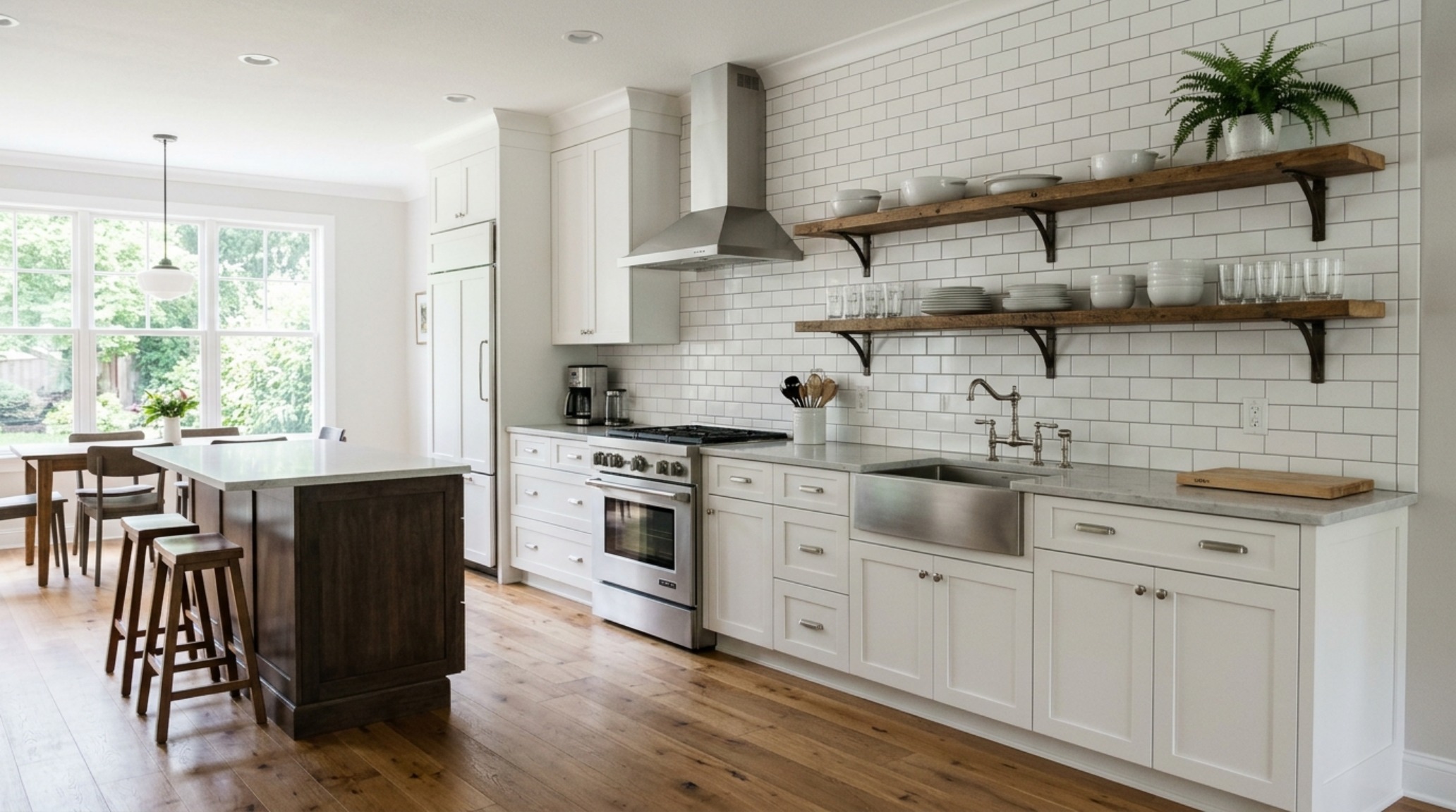 white shaker kitchen design highlighting the clean lines of inset cabinetry and floating white oak shelves against a subway tile backsplash